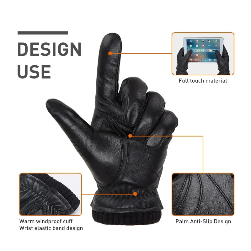 Warm Winter Leather Gloves Men's Windproof Thermal Gloves